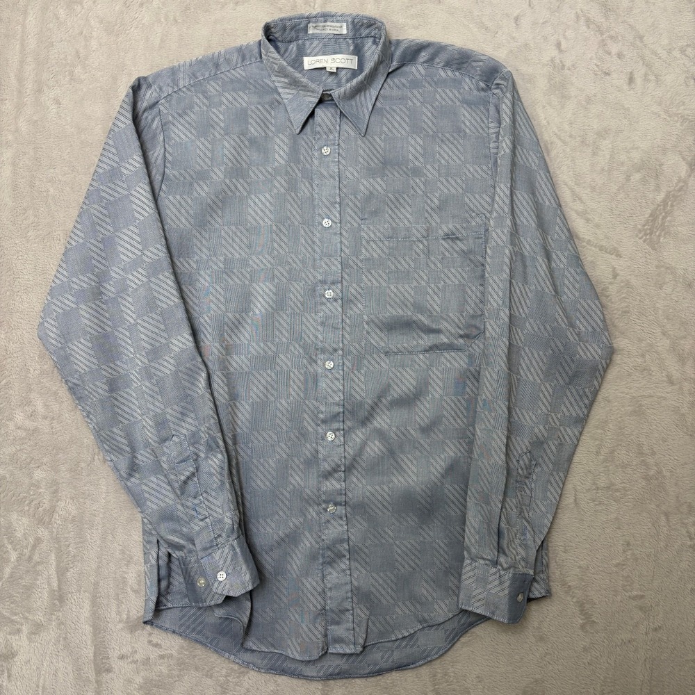 Vintage 90s Loren Scott Shiny Checked Button Up M cotton blend Korea blue 1990s